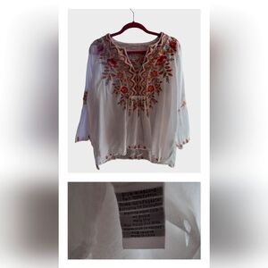 Johnny Was White Cotton Tunic with Orange & Coral Floral Embroidery